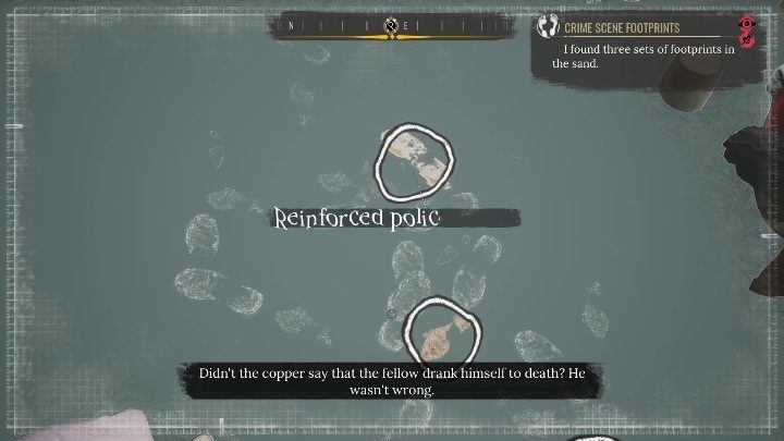 Waszym następnym zadaniem powinno być przełączenie zadania w teczce i zbadanie śladów stóp - Sherlock Holmes Chapter One: Syreni śpiew - solucja, Pozostałe sprawy - Sherlock Holmes Chapter One - poradnik do gry