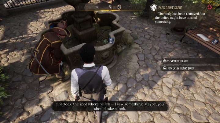 Po wykonaniu rekonstrukcji czas zbadać wcześniej nieruszoną fontannę - Sherlock Holmes Chapter One: Syreni śpiew - solucja, Pozostałe sprawy - Sherlock Holmes Chapter One - poradnik do gry