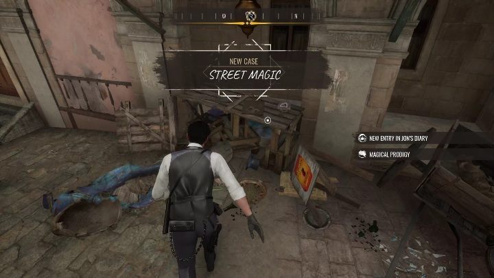 Na starcie zbadacie drewniane stanowisko pracy małego wróżbity - Sherlock Holmes Chapter One: Uliczna magia - solucja, Pozostałe sprawy - Sherlock Holmes Chapter One - poradnik do gry