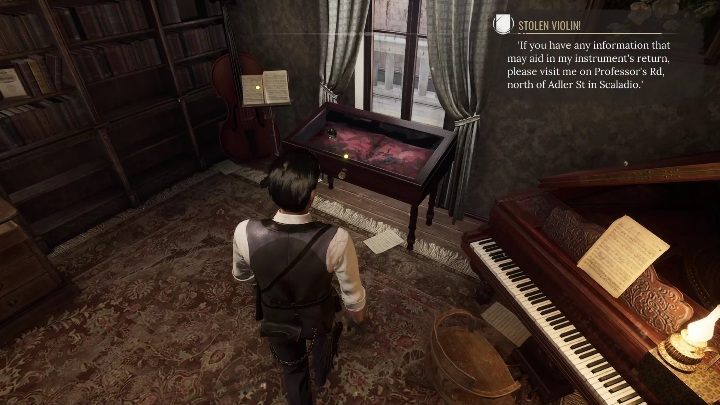 Bardzo ważnym elementem, bez którego nie popchniecie fabuły dalej, jest zbadanie gabloty, w której leżały skrzypce - Sherlock Holmes Chapter One: Teoria strun - solucja, Pozostałe sprawy - Sherlock Holmes Chapter One - poradnik do gry