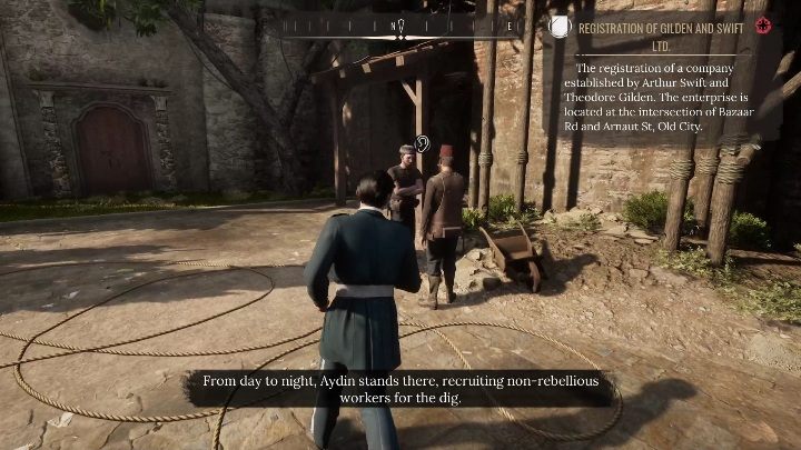 Na miejscu zobaczycie dwóch mężczyzn, których można podsłuchać - Sherlock Holmes Chapter One: Pozłacana klatka, zdobycie pracy - solucja - Sherlock Holmes Chapter One - poradnik do gry