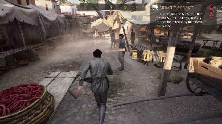 Na rynku znajdziecie nie tylko sprzedawcę ubrań, ale i rekrutera, który zatrudni Was, abyście swobodnie mogli wejść na teren wykopalisk - Sherlock Holmes Chapter One: Pozłacana klatka, zdobycie pracy - solucja - Sherlock Holmes Chapter One - poradnik do gry