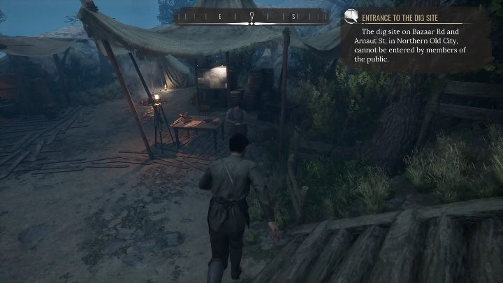 Zaraz po zejściu ze schodów zobaczycie mężczyznę - Sherlock Holmes Chapter One: Pozłacana klatka, wykopaliska - solucja - Sherlock Holmes Chapter One - poradnik do gry