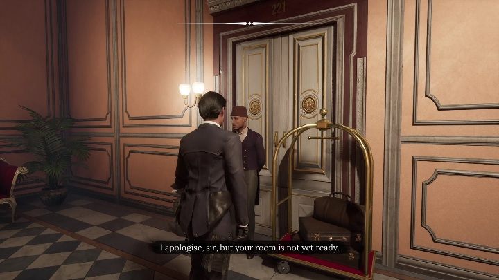 Po otrzymaniu informacji o pokoju udajcie się na górę - Sherlock Holmes Chapter One: Matczyna miłość, hotel - solucja, opis przejścia - Sherlock Holmes Chapter One - poradnik do gry