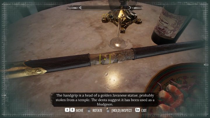 Na waszym stoliku leży drewniana, zdobiona laska - Sherlock Holmes Chapter One: Matczyna miłość, hotel - solucja, opis przejścia - Sherlock Holmes Chapter One - poradnik do gry