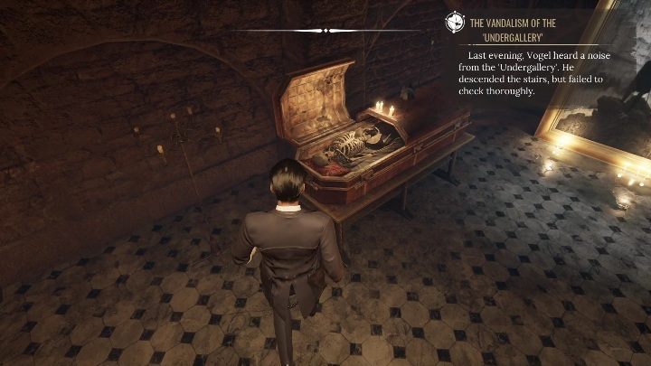 Gdy ruszycie od łóżka w prawą stronę, zobaczycie otwartą trumnę, a w niej ludzki szkielet - Sherlock Holmes Chapter One: Muza z zagranicy, Galeria sztuki - solucja - Sherlock Holmes Chapter One - poradnik do gry