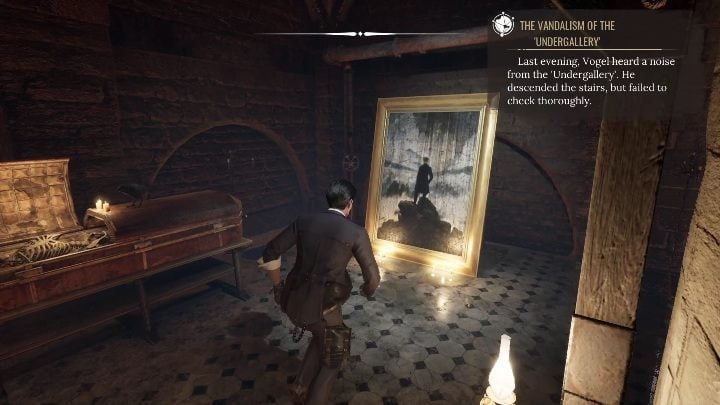 Pierwszy obraz, który musicie zbadać, stoi zaraz przy trumnie - Sherlock Holmes Chapter One: Muza z zagranicy, Galeria sztuki - solucja - Sherlock Holmes Chapter One - poradnik do gry