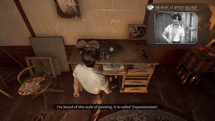 Po zbadaniu zwłok i obrazu, udajcie się do drewnianego biurka - Sherlock Holmes Chapter One: Muza z zagranicy, Apartament malarza - solucja - Sherlock Holmes Chapter One - poradnik do gry