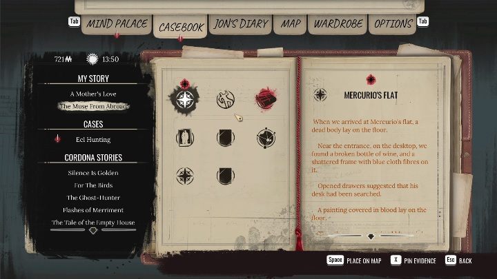 Aby rozpocząć rekonstrukcje musicie oznaczyć właściwe zadanie, pokazaliśmy je na screenie powyżej, abyście na pewno go nie zgubili - Sherlock Holmes Chapter One: Muza z zagranicy, Apartament malarza - solucja - Sherlock Holmes Chapter One - poradnik do gry