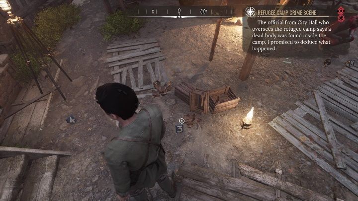 Przy numerze 3 należy zbadać popękane deski i plamę krwi, która widnieje na ziemi - Sherlock Holmes Chapter One: Muza z zagranicy, Obóz dla uchodźców - solucja - Sherlock Holmes Chapter One - poradnik do gry