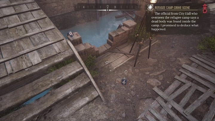 Numer 4 podkreśla ślady butów dwóch osób, które walczyły ze sobą przy brzegu - Sherlock Holmes Chapter One: Muza z zagranicy, Obóz dla uchodźców - solucja - Sherlock Holmes Chapter One - poradnik do gry