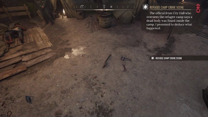 Numer 6 to kolejne ślady butów oraz drewniany kij, który służył komuś do obrony/ataku - Sherlock Holmes Chapter One: Muza z zagranicy, Obóz dla uchodźców - solucja - Sherlock Holmes Chapter One - poradnik do gry