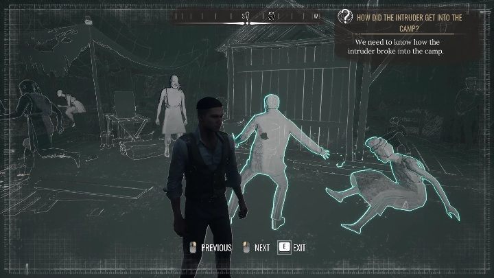 Zaraz obok drewnianego budynku ustawcie dwie postacie: kobiecą padającą na ziemię oraz męską, która w lewej ręce trzyma sztylet, a w prawej pękające korale - Sherlock Holmes Chapter One: Muza z zagranicy, Obóz dla uchodźców - solucja - Sherlock Holmes Chapter One - poradnik do gry