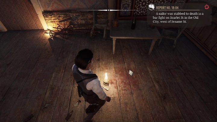 5 dowód: Ślad krwi, który oznaczony jest za pomocą niebieskiego punktu z cyfrą 5 - Sherlock Holmes Chapter One: Bitka, bójka, rękoczyny - solucja, opis przejścia - Sherlock Holmes Chapter One - poradnik do gry