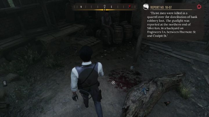 5 dowód: Ślady krwi, który oznaczony są za pomocą niebieskiego punktu z cyfrą 5 - Sherlock Holmes Chapter One: Dzielenie łupów - solucja, opis przejścia - Sherlock Holmes Chapter One - poradnik do gry