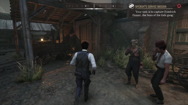 Przed magazynem stoi kilku mężczyzn, ale nie przeszkodzą Wam w wejściu do środka - Sherlock Holmes Chapter One: Poławianie węgorzy - solucja, sprawy Mycrofta - Sherlock Holmes Chapter One - poradnik do gry