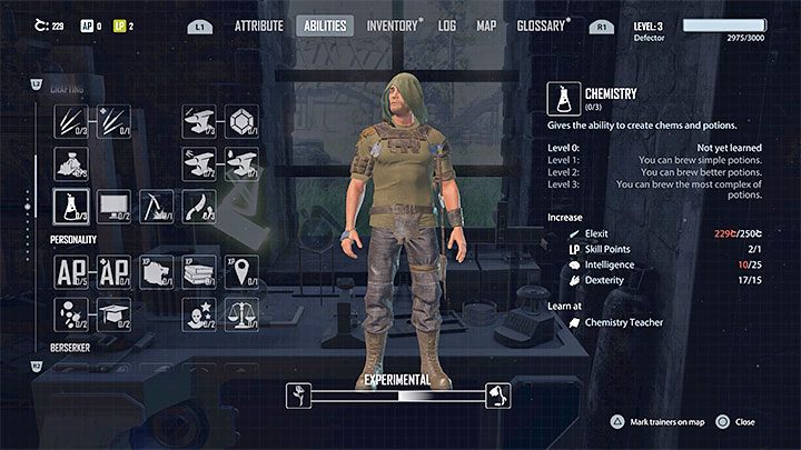 Drugi wymóg to rozwinięcie umiejętności Chemia (Chemistry) - w przypadku małych napojów musi ona osiągnąć 2 poziom, zaś dla tworzenia średnich i dużych napojów musi ona znajdować się na 3 poziomie - Elex 2: Materiał Elex (czysty Elex) - do czego służy? - Elex 2 - poradnik do gry