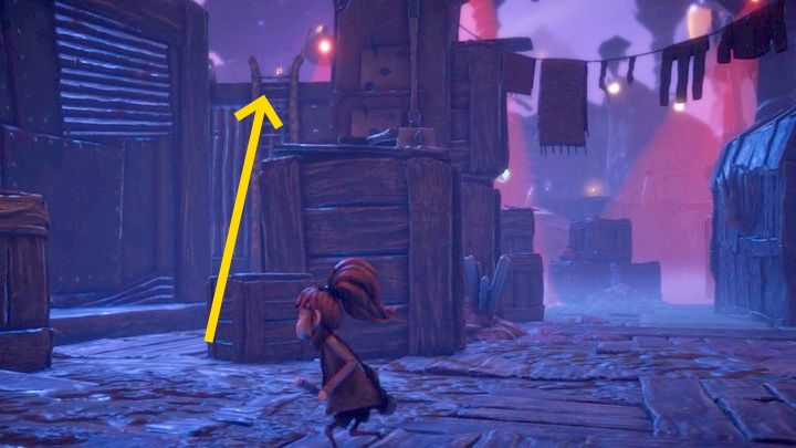 Aby zebrać pierwszą stronę, wespnijcie się po drabinie w porcie, za skrzynkami i zestrzelcie świecący przycisk nieopodal, by odblokować most do pierwszej księgi (Storybook #1) - Lost in Random: Bedtime Stories (Onecroft) - solucja, opis przejścia - Lost in Random - poradnik do gry