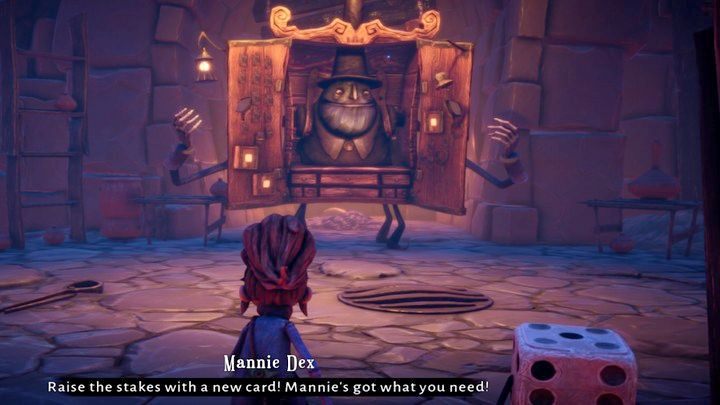 Na końcu pierwszej ulicy spotkanie Mannie Dex - osobnika, który handluje kartami za monety - Lost in Random: A Tale of Two Towns (Two Towns) - solucja, opis przejścia - Lost in Random - poradnik do gry