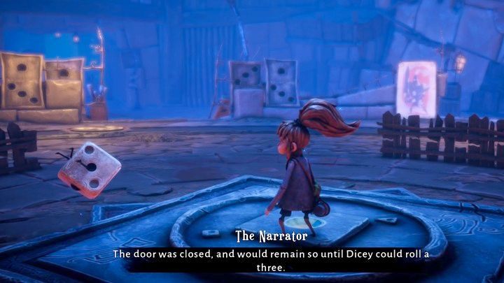 Gdy rozegracie grę planszową na rynku, macie możliwość próby otworzenia drzwi do Threedom, co oczywiście nie może się powieść z powodu braku oczek na kostce - Lost in Random: A Tale of Two Towns (Two Towns) - solucja, opis przejścia - Lost in Random - poradnik do gry