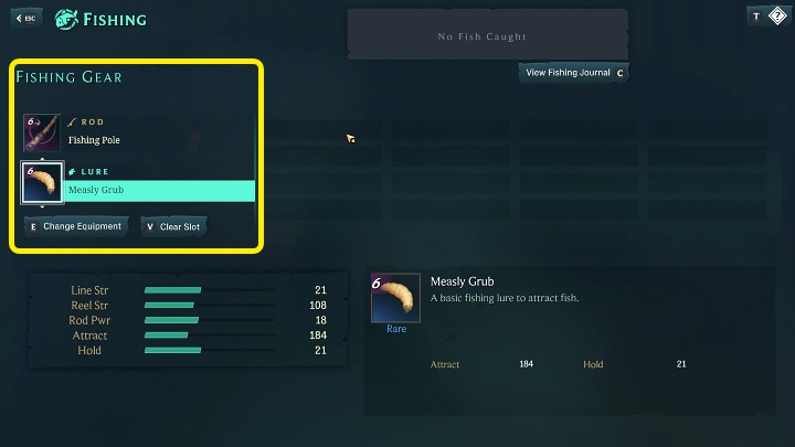 Po przejściu do menu wędkowania, wyposażcie swoją postać w wędkę (Fishing Pole) oraz przynętę (Lure) - Ruined King: Wędkowanie - Ruined King - poradnik do gry