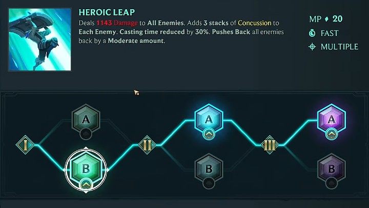 Na powyższym obrazku znajdziecie schemat rozwinięcia jednej z proponowanych przez nas umiejętności Brauma z kategorii Aleja - Heroiczny Skok (Heroic Leap) - Ruined King Braum - gotowy build postaci, umiejętności, runy - Ruined King - poradnik do gry