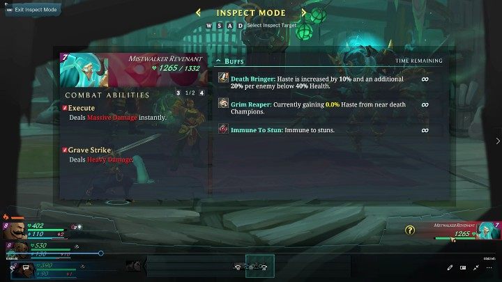 Po rozpoczęciu walki warto włączyć tryb inspekcji i sprawdzić specjalne zdolności przeciwników, aby wiedzieć, na co zwrócić uwagę w trakcie walki i z jakich umiejętności korzystać - Ruined King: Walka - Ruined King - poradnik do gry