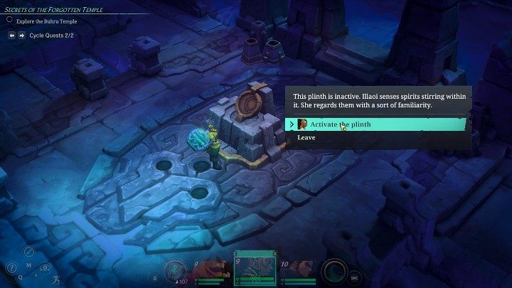 W pierwszej kolejności przełączcie się na Illoi i aktywujcie cokół widoczny na powyższym obrazku - Ruined King: Puzzle w Świątyni Buhru - jak otworzyć drzwi? - Ruined King - poradnik do gry