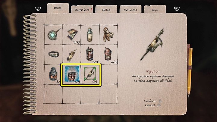 Otwórzcie inwentarz, podświetlcie kapsułki i wybierzcie opcję połączenia przedmiotów - musicie połączyć kapsułki z wstrzykiwaczem (przykład na powyższym obrazku) - Amnesia Rebirth: The Lower Factory - solucja, sekrety - Amnesia Rebirth - poradnik do gry