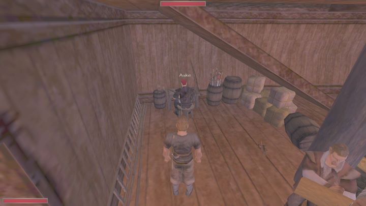 Aske nie będzie chciał z Wami rozmawiać, chyba że przyniesiecie mu grog, który znajduje się w zamkniętej skrzyni na końcu pokładu - Kroniki Myrtany: Pod pokładem - solucja, opis przejścia - Kroniki Myrtany - poradnik do gry