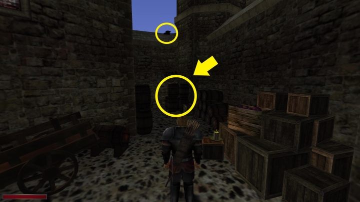 Szata nowicjusza położona jest w rogu placu pomiędzy murem a lecznicą - Kroniki Myrtany: Sokoli Wzrok - Kroniki Myrtany - poradnik do gry