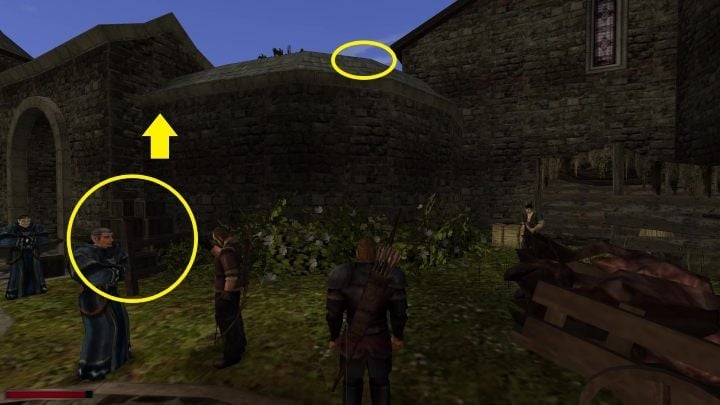 Pika nowicjusza znajduje się na murze oddzielającym dwa dziedzińce - Kroniki Myrtany: Sokoli Wzrok - Kroniki Myrtany - poradnik do gry