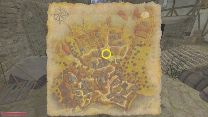 Przycisk do otwarcia klatki z harpią znajduje się w obrazie za ladą sklepu - Kroniki Myrtany: Praca dla łuczarza - solucja, opis przejścia - Kroniki Myrtany - poradnik do gry