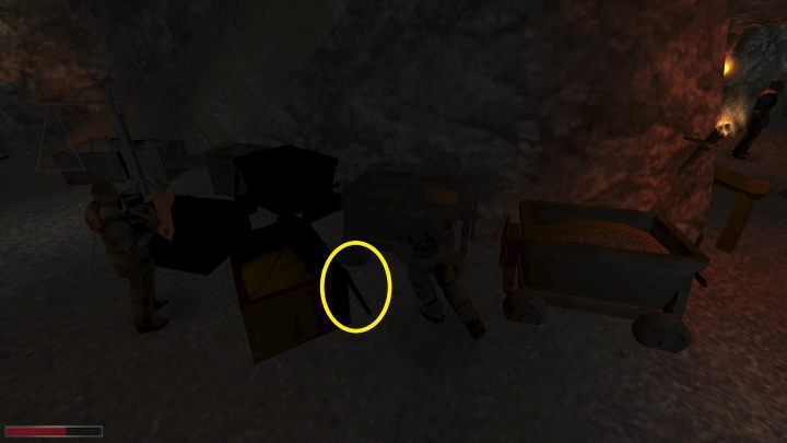 Trzecia laga jest oparta o skrzynie, koło wózków górniczych, naprzeciwko siedziby strażników - Kroniki Myrtany: Złoty Interes / Kopalnia Araxos - solucja, opis przejścia - Kroniki Myrtany - poradnik do gry