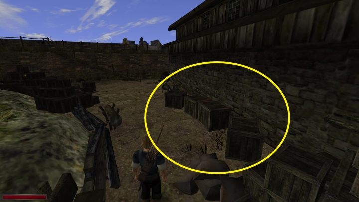 Pod ścianą biura Dacka, za stocznią lub z jej boku (zależnie od perspektywy) znajdują się 4 skrzynie - Kroniki Myrtany: Statek w porcie jest bezpieczny - Kroniki Myrtany - poradnik do gry