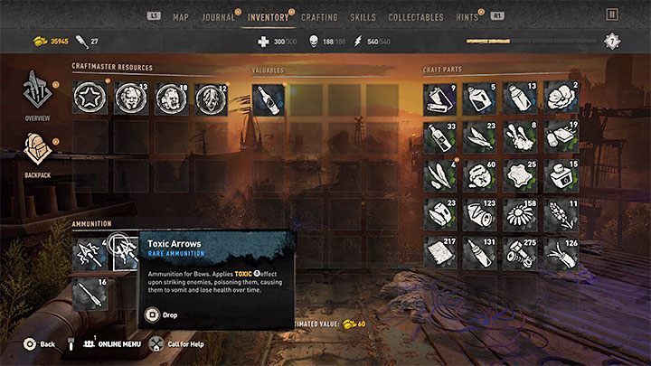 Wszystkie posiadane rodzaje strzał przechowywane są w plecaku - znajdziecie je w dolnej części ekranu w sekcji Amunicja - Dying Light 2: Strzały do łuku - jak zmieniać? - Dying Light 2 - poradnik do gry