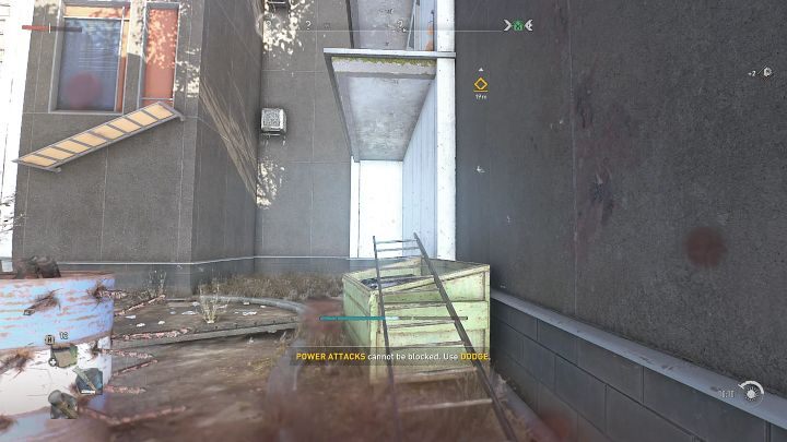 Korzystając ze zmysłu przetrwania, podświetlajcie krwawe ślady stóp i idźcie tym tropem, dopóki nie dotrzecie do prowizorycznej rampy widocznej na powyższym obrazku - Dying Light 2 Zagubione światło - solucja, opis przejścia - Dying Light 2 - poradnik do gry