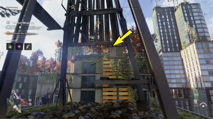 Wskoczcie na drewniany podest, podskoczcie do desek i złapcie się za deskę pomalowaną na żółto o jeden poziom wyżej - Dying Light 2: Downtown (Wiatraki) - lista wszystkich - Dying Light 2 - poradnik do gry