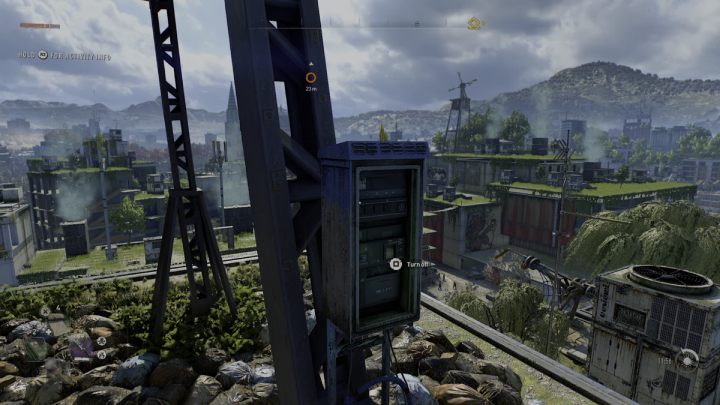 Wskoczcie na deski, poczekajcie, aż drugi drążek zjedzie w dół i wciśnijcie włącznik, aby go zatrzymać - Dying Light 2: The Wharf (Wiatraki)- lista wszystkich - Dying Light 2 - poradnik do gry