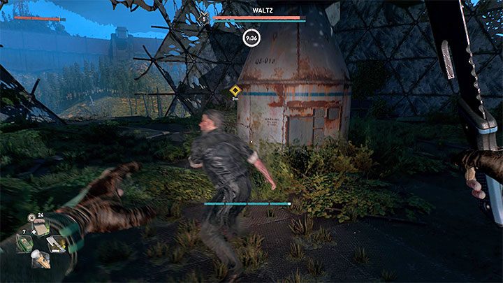 Załączy się pojedynek z Waltzem, przy czym nie jest to jeszcze pełnoprawne starcie z tym bossem, gdyż na potrzeby opisywanego celu misji Waltza musicie pozbawić jedynie około połowy paska zdrowia - Dying Light 2: Veronika - solucja, opis przejścia - Dying Light 2 - poradnik do gry