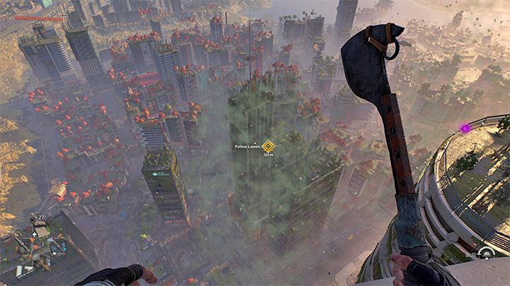 Musicie użyć paralotni żeby zaliczyć długi przelot na dach wskazanego przez grę znacznie niższego budynku - Dying Light 2: But - solucja, opis przejścia - Dying Light 2 - poradnik do gry