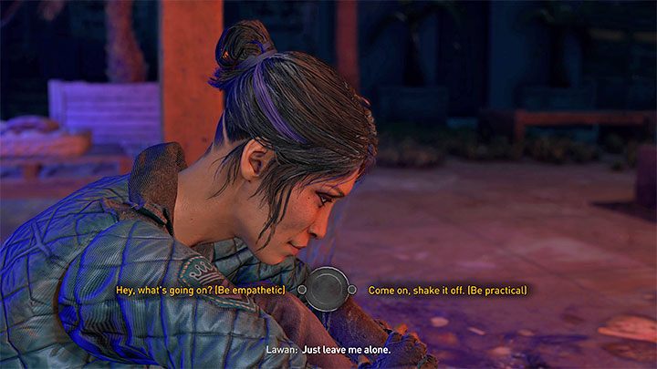 Podczas spotkania z Lawan możecie wykazywać się empatią lub prezentować chłodniejsze przejście oraz doradzić jej w sprawie Hakona, przy czym nie będzie to miało wpływu na dalszy przebieg wydarzeń - Dying Light 2: But - solucja, opis przejścia - Dying Light 2 - poradnik do gry