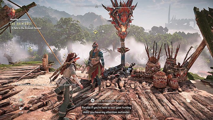 W opisywanej lokacji spotkacie łowcę, które sprzedaje m - Horizon Forbidden West: Tereny łowieckie: Ślad Deszczu - opis przejścia prób - Horizon Forbidden West - poradnik do gry