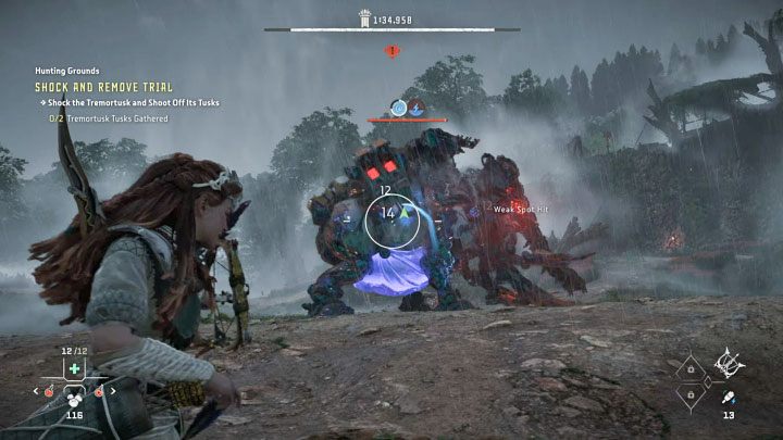 Po tym jak mumakieł zostanie dostatecznie osłabiony przełączcie się na broń z amunicją porażającą - Horizon Forbidden West: Tereny łowieckie: Ślad Deszczu - opis przejścia prób - Horizon Forbidden West - poradnik do gry