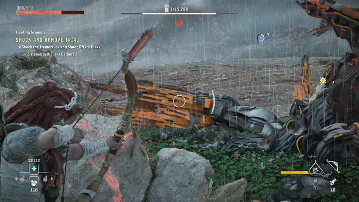 Zapełnienie paska porażenia mamuta powinno spowodować, że mumakieł rozbije się o ziemię - Horizon Forbidden West: Tereny łowieckie: Ślad Deszczu - opis przejścia prób - Horizon Forbidden West - poradnik do gry