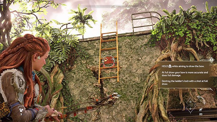 Dotrzyjcie do pokazanej na powyższym obrazku podniesionej drabiny - Horizon Forbidden West: Sięgnąć gwiazd (Reach for the Stars) - solucja, opis przejścia - Horizon Forbidden West - poradnik do gry