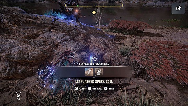 Do cewki musicie dotrzeć i możecie najpierw rozprawić się z maszynami lub po prostu odciągnąć je od pojemnika po to żeby móc do niego podbiec i podnieść składnik - Horizon Forbidden West: Wrota śmierci (Deaths Door) - solucja, opis przejścia - Horizon Forbidden West - poradnik do gry