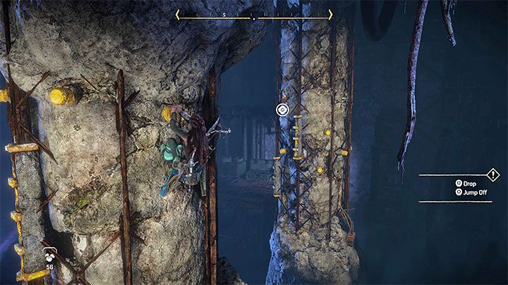 Zatrzymajcie się w miejscu, z którego widać ikonę kolejnego zaczepu (powyższy obrazek) i dopiero wtedy wykonajcie skok - Horizon Forbidden West: Wrota śmierci (Deaths Door) - solucja, opis przejścia - Horizon Forbidden West - poradnik do gry