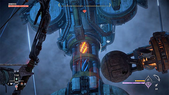 Zniszczenie dolnych zaczepów nie załatwi sprawy, bo do zniszczenia są również górne złącza (Couplings) - przykładowe widoczne jest na dołączonym obrazku - Horizon Forbidden West: Wrota śmierci (Deaths Door) - solucja, opis przejścia - Horizon Forbidden West - poradnik do gry