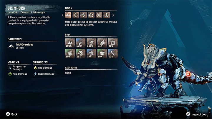 Tuż po rozpoczęciu pojedynku z Głoworogiem proponujemy poświęcić trochę czasu na zeskanowanie bossa i na zapoznanie się z dokładnym opisem tego przeciwnika w katalogu maszyn - Horizon Forbidden West: Głoworóg (Grimhorn) - jak pokonać bossa z kotła TAU? - Horizon Forbidden West - poradnik do gry